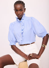 Blue Cotton Chambray Ruffle Blouse
