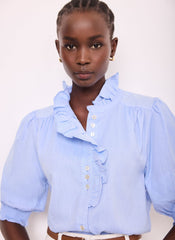 Blue Cotton Chambray Ruffle Blouse
