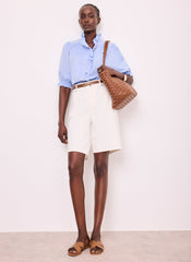 Blue Cotton Chambray Ruffle Blouse