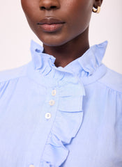 Blue Cotton Chambray Ruffle Blouse