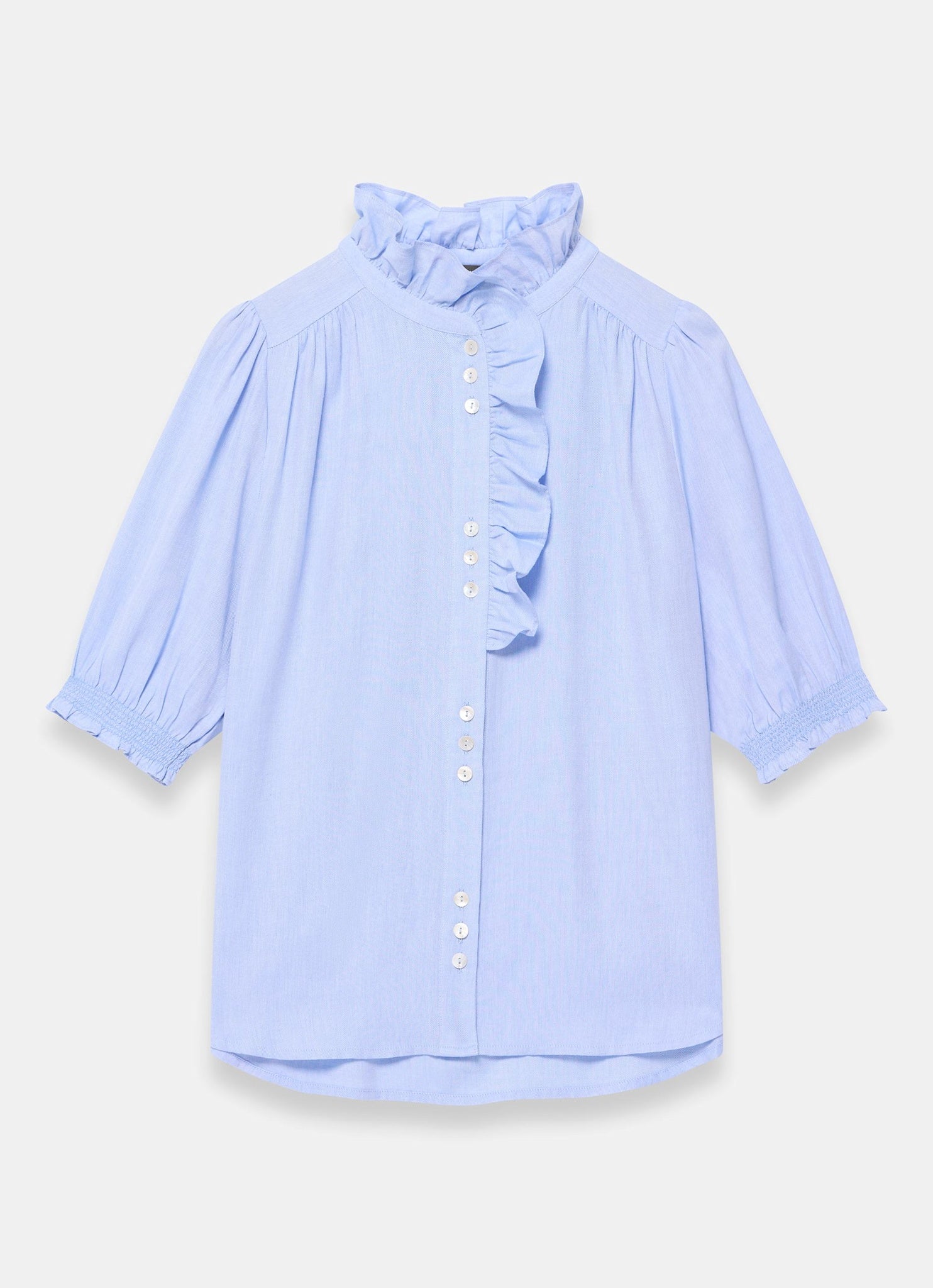 Blue Cotton Chambray Ruffle Blouse