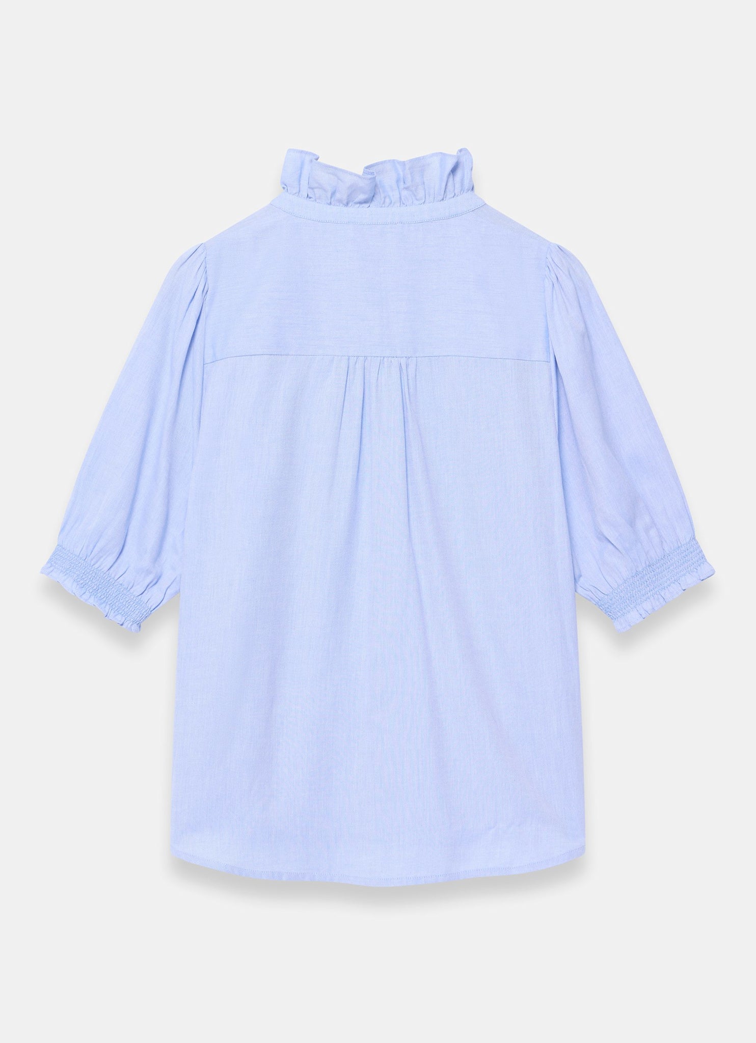 Blue Cotton Chambray Ruffle Blouse