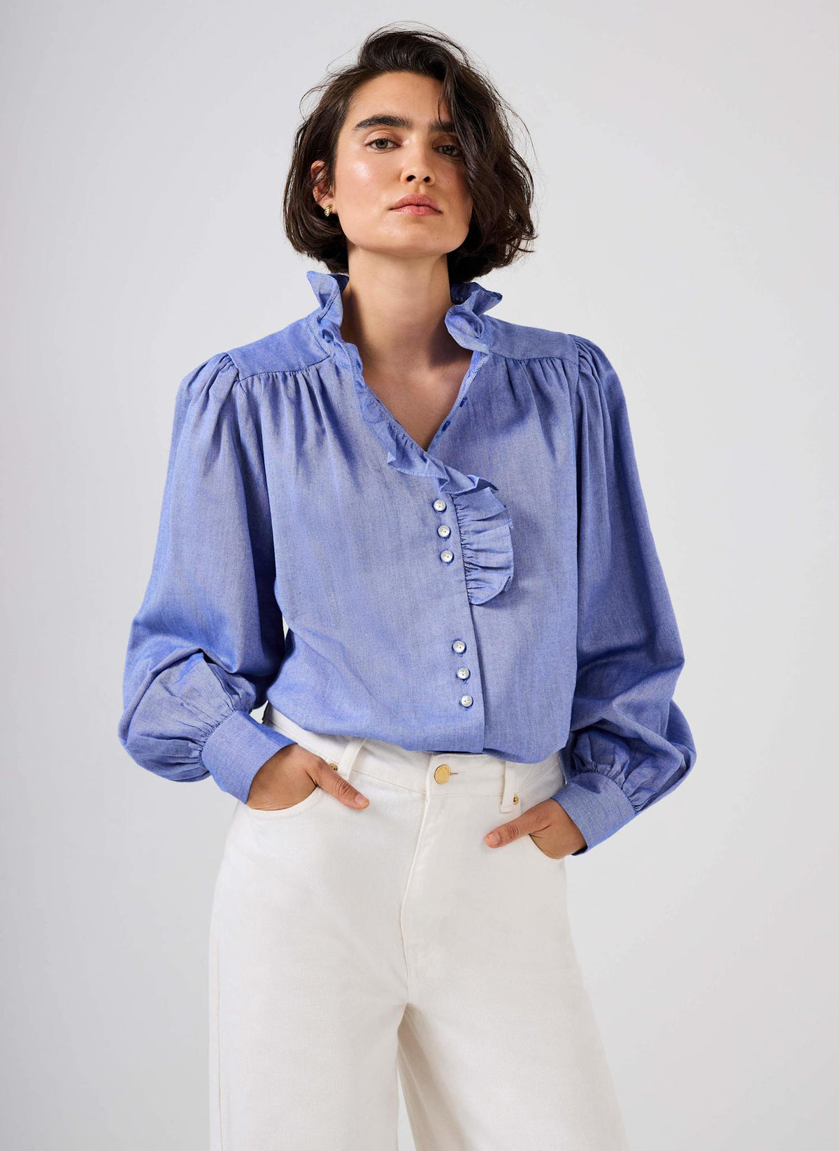 Mid Blue Cotton Chambray Ruffle Blouse