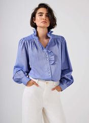 Mid Blue Cotton Chambray Ruffle Blouse
