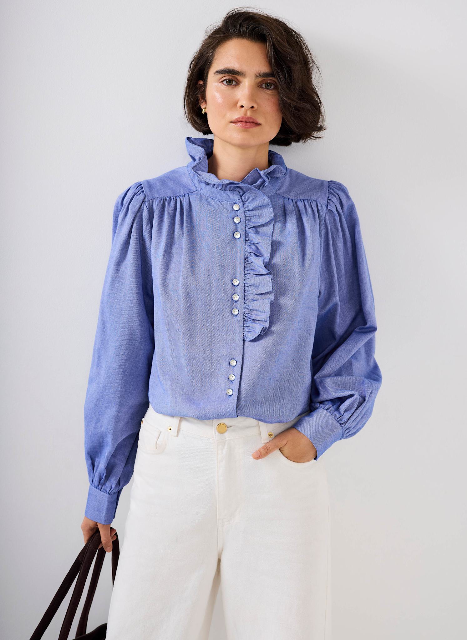 Mid Blue Cotton Chambray Ruffle Blouse