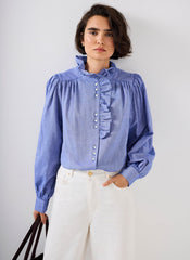 Mid Blue Cotton Chambray Ruffle Blouse