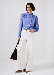 Mid Blue Cotton Chambray Ruffle Blouse