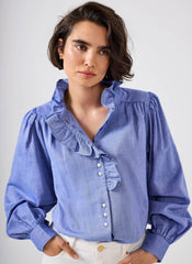 Mid Blue Cotton Chambray Ruffle Blouse