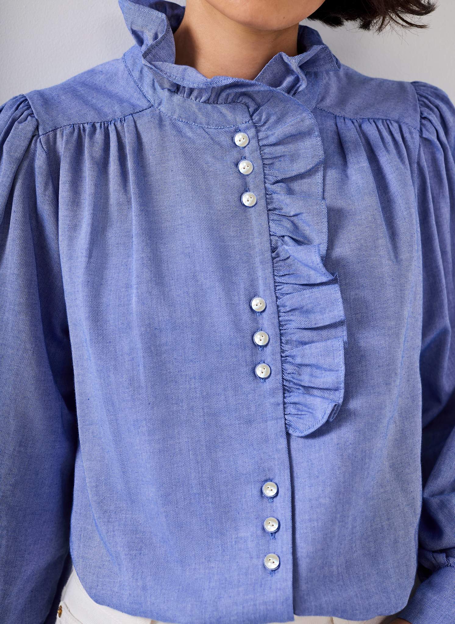 Mid Blue Cotton Chambray Ruffle Blouse