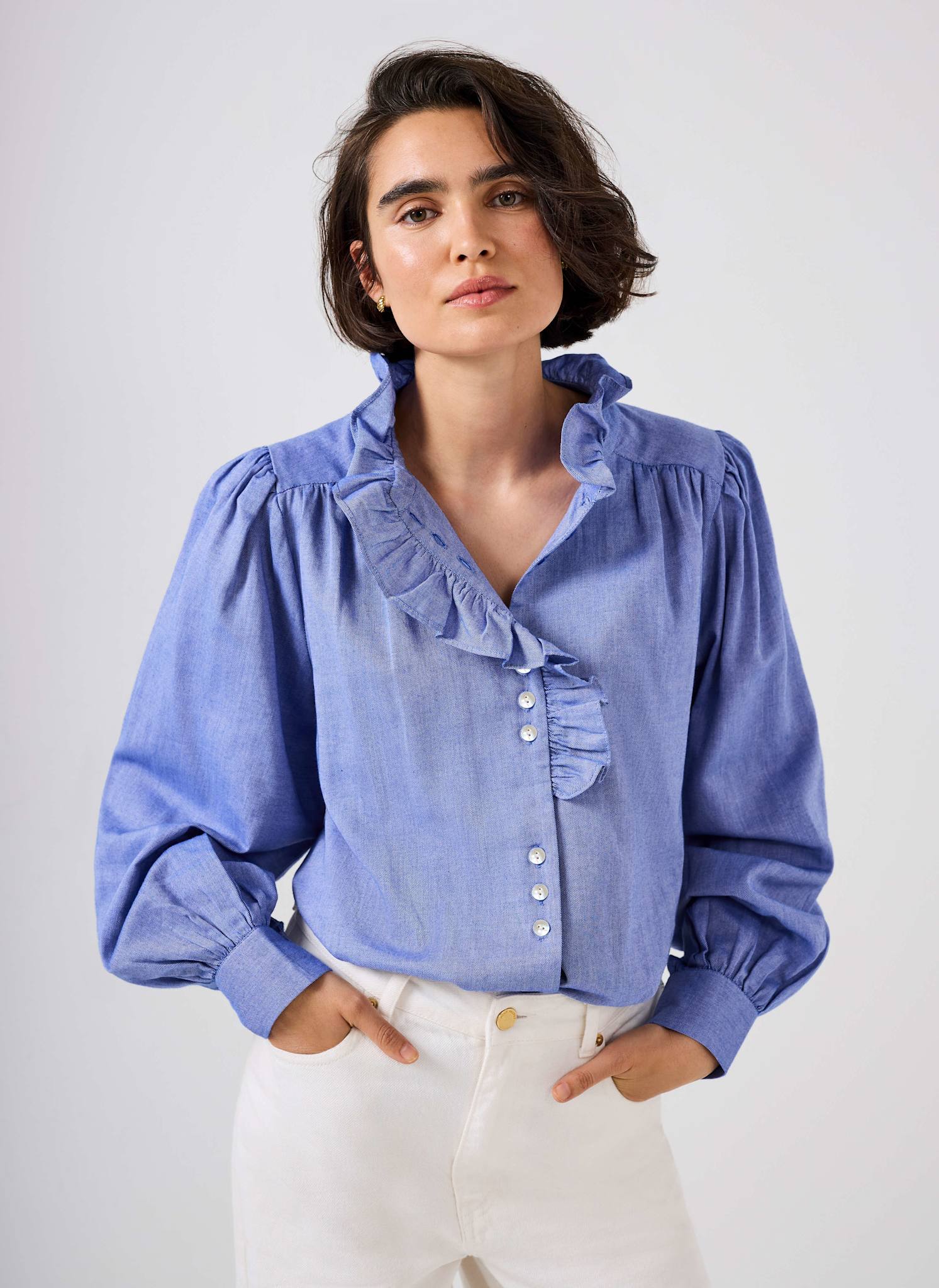 Mid Blue Cotton Chambray Ruffle Blouse