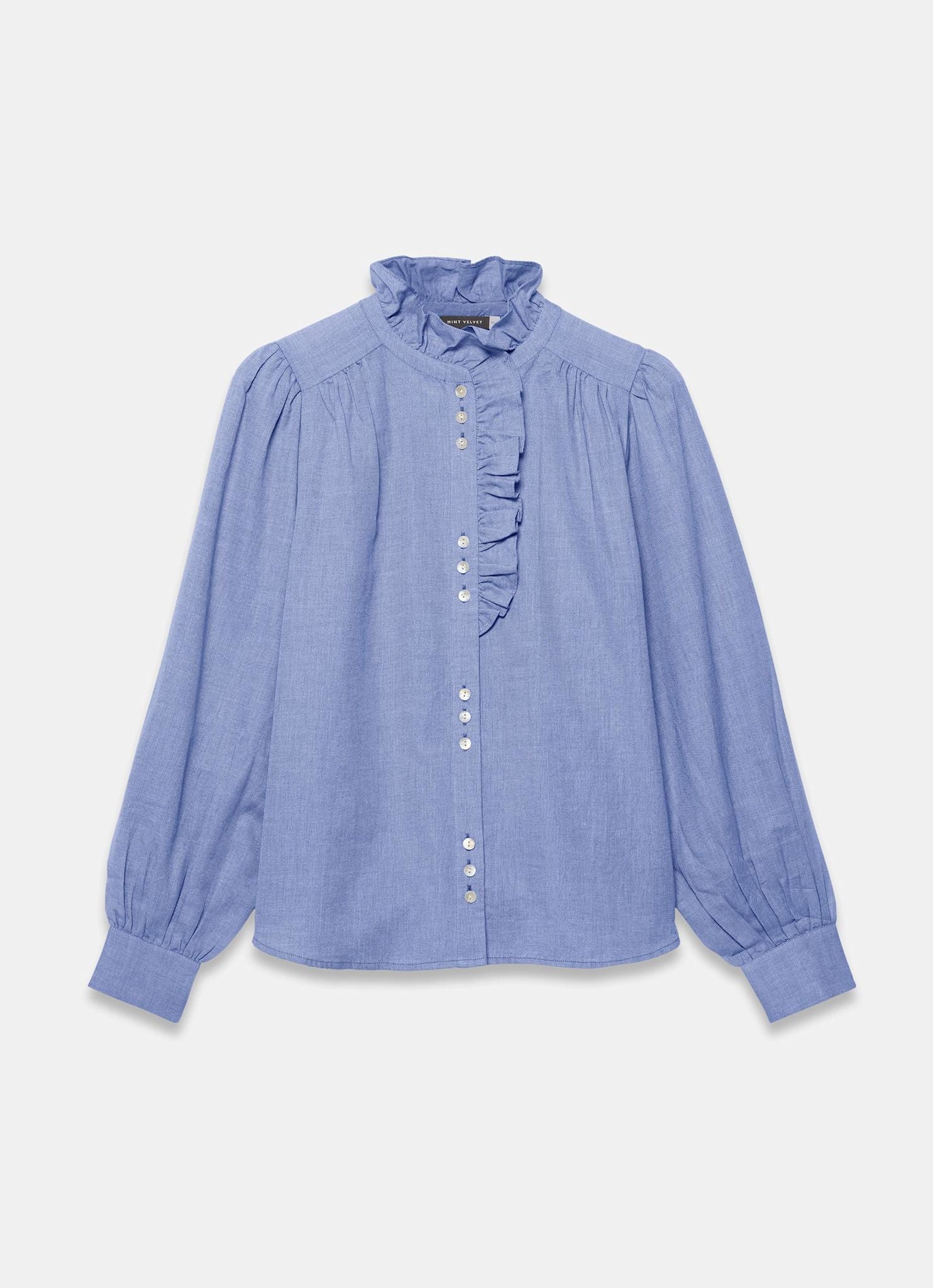 Mid Blue Cotton Chambray Ruffle Blouse