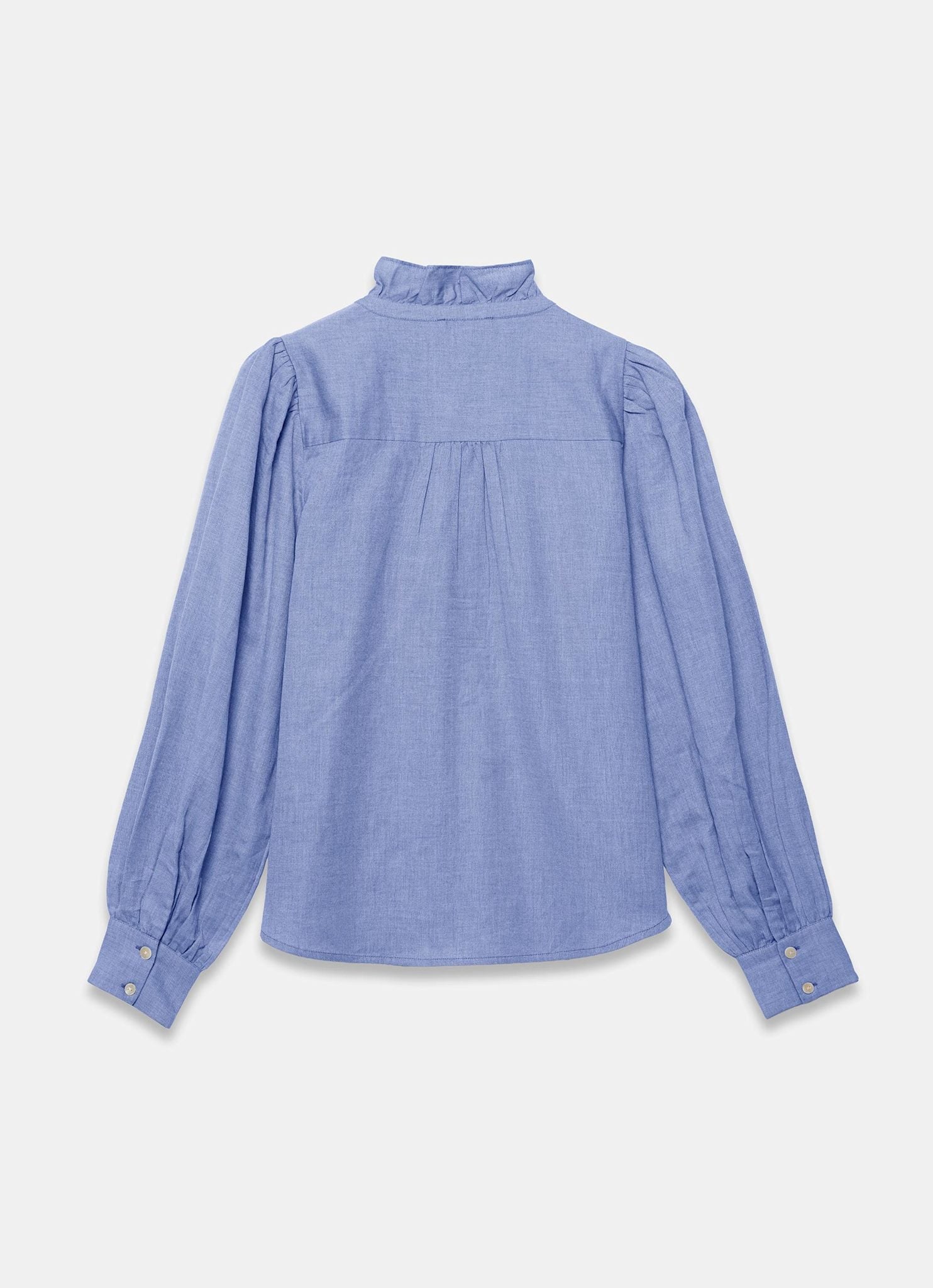 Mid Blue Cotton Chambray Ruffle Blouse