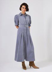 Blue Corduroy Belted Midi Dress