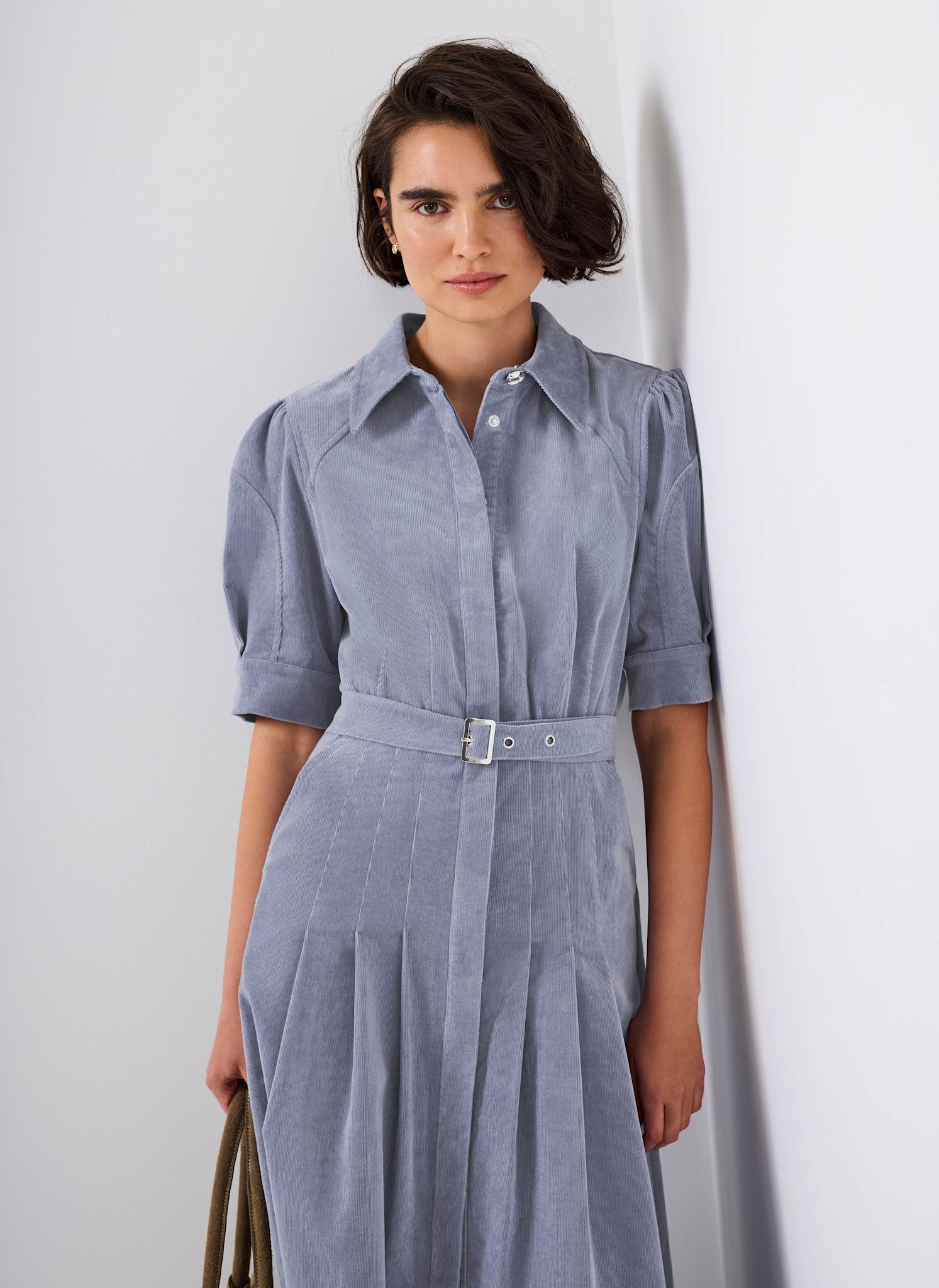 Blue Corduroy Belted Midi Dress