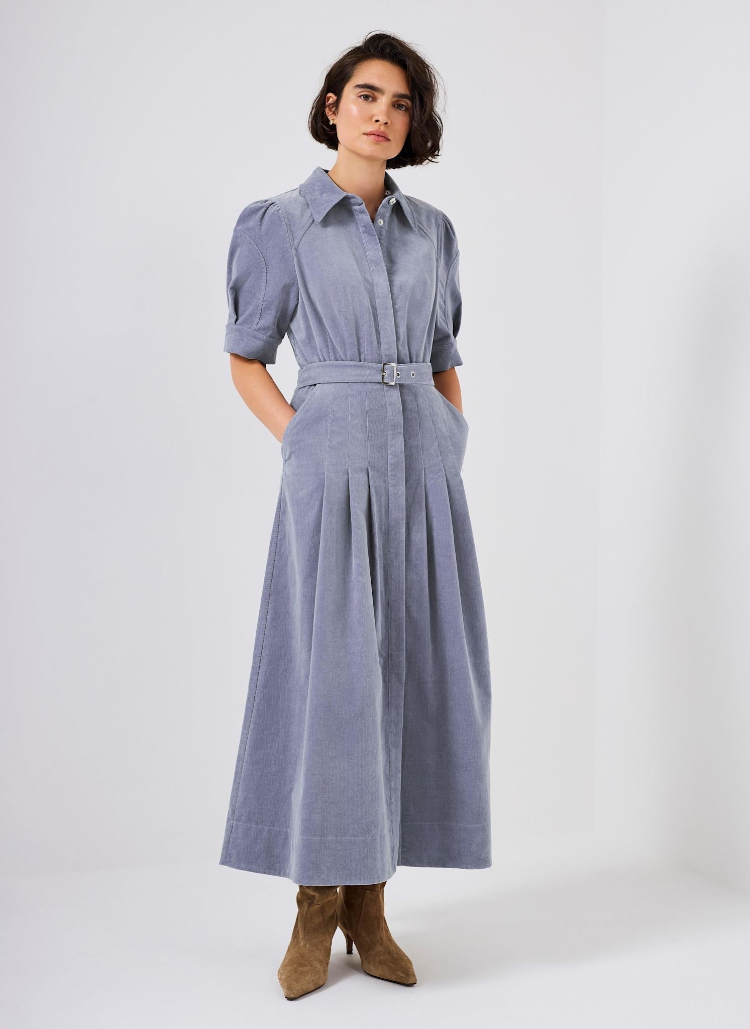 Blue Corduroy Belted Midi Dress