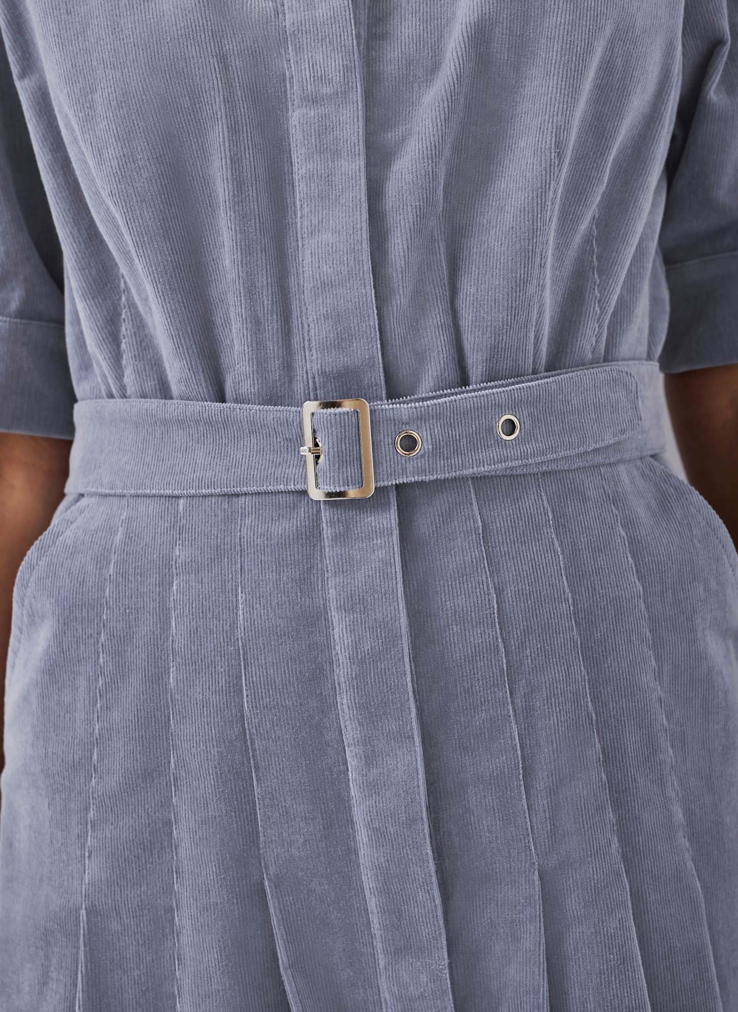 Blue Corduroy Belted Midi Dress
