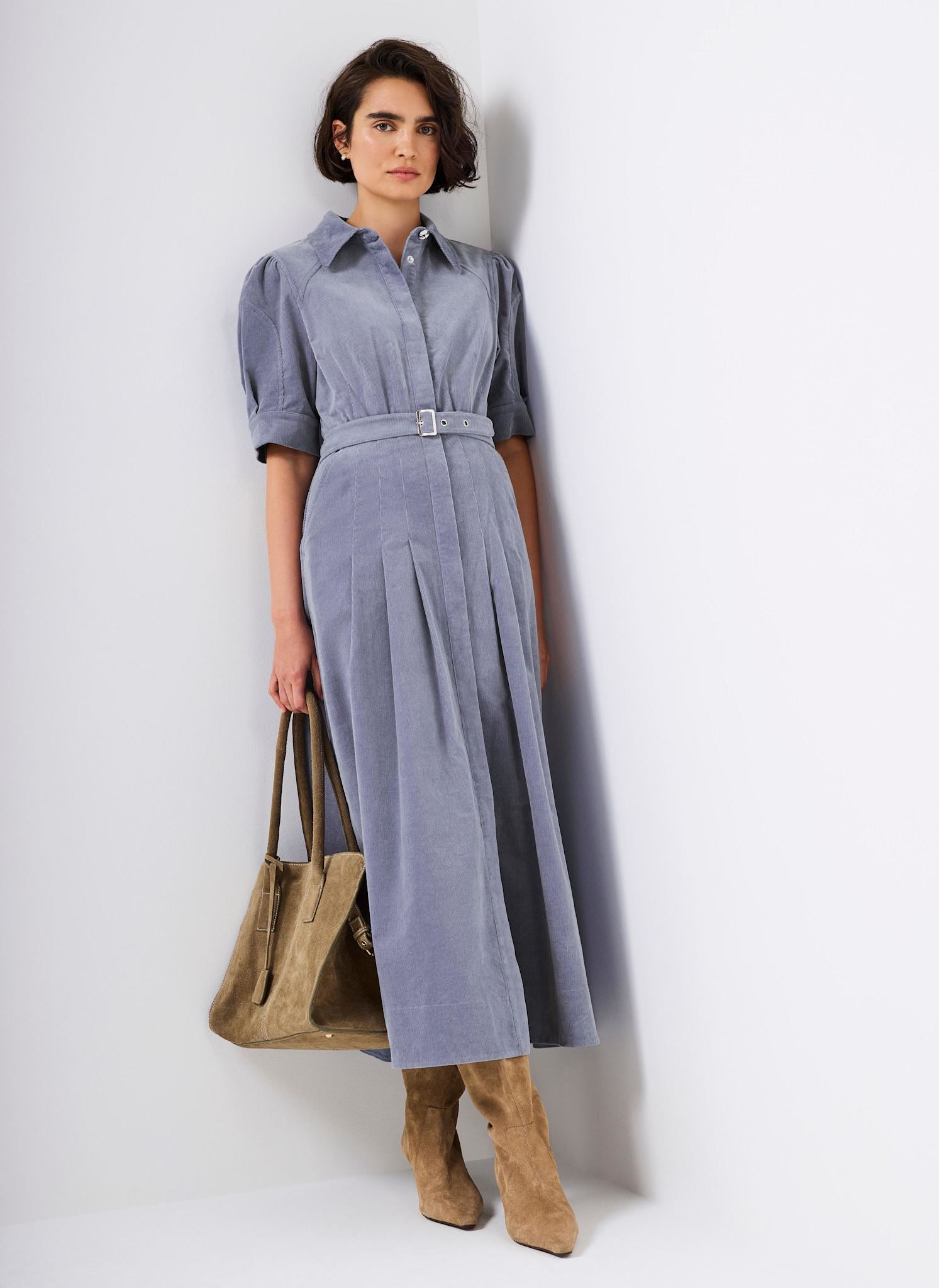 Blue Corduroy Belted Midi Dress
