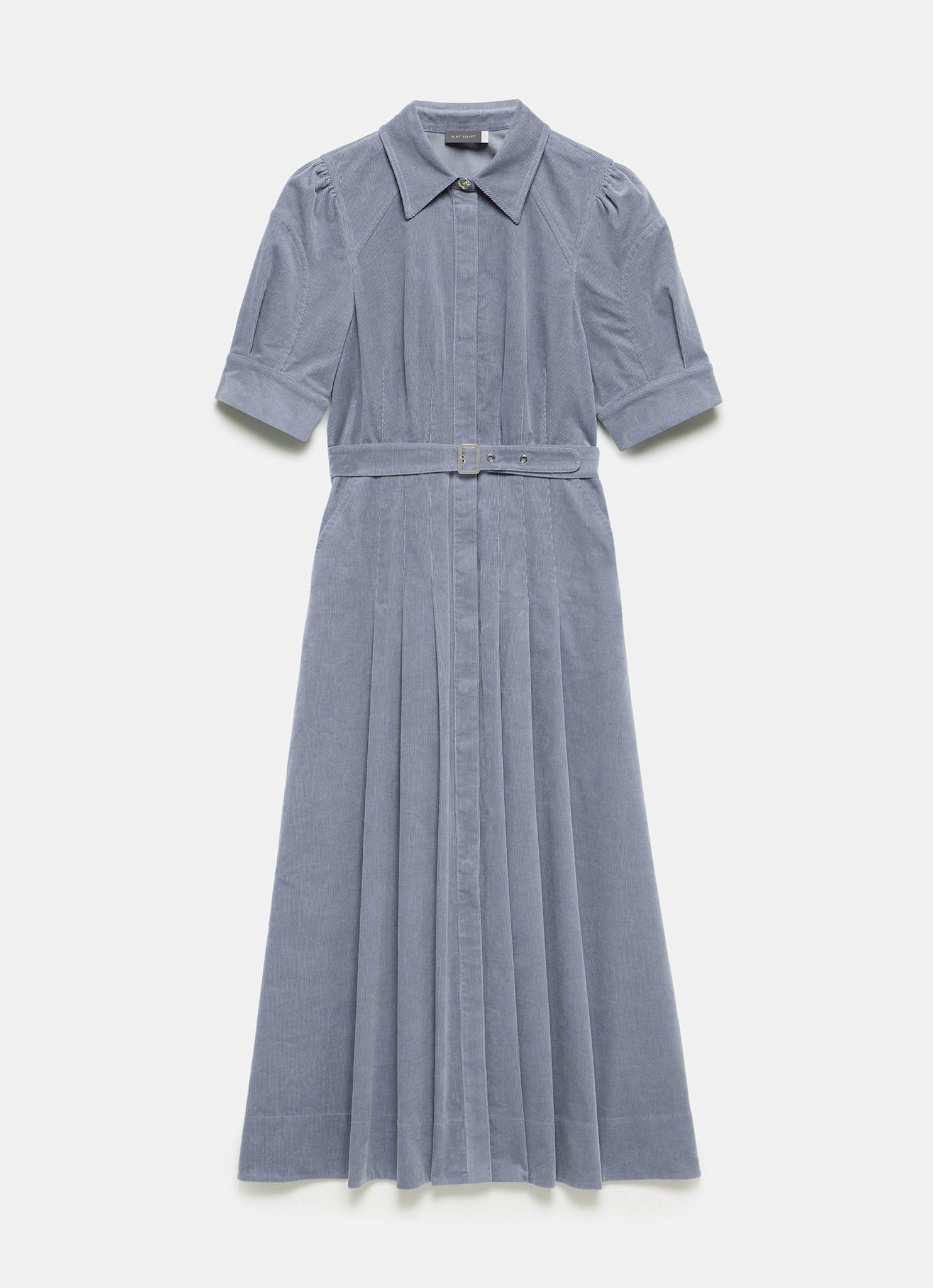Blue Corduroy Belted Midi Dress