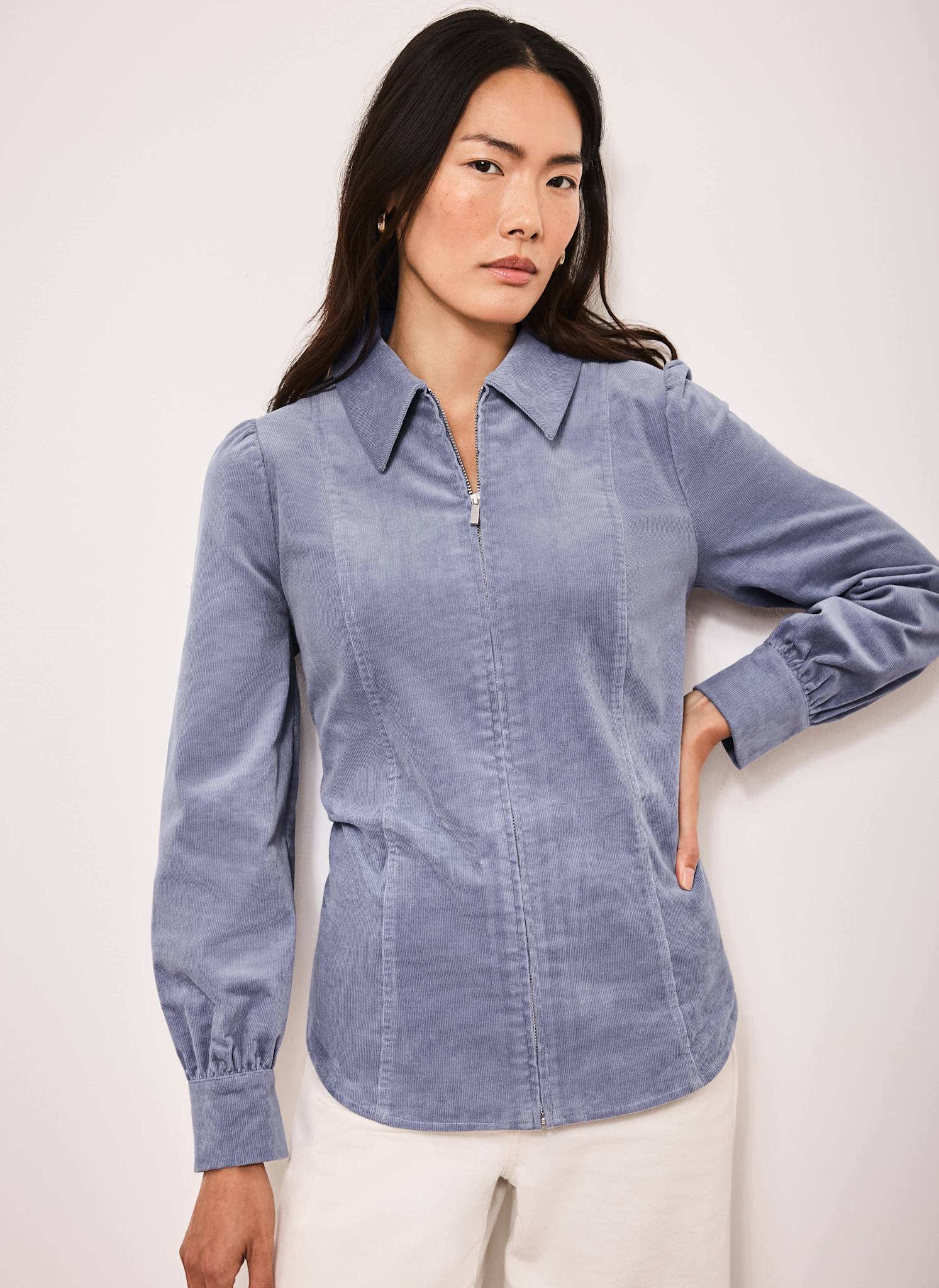 Blue Corduroy Zip Front Shirt