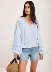 Blue Cotton Cheesecloth Open Stitch Blouse