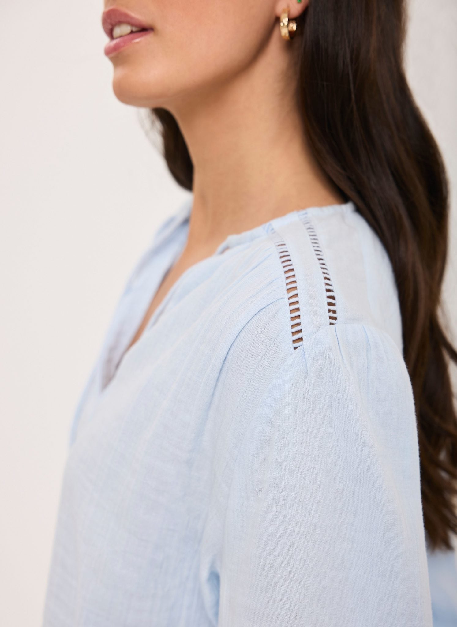 Blue Cotton Cheesecloth Open Stitch Blouse
