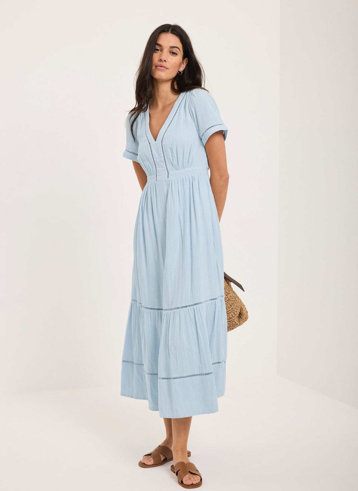 Blue Cotton Cheesecloth Midi Dress