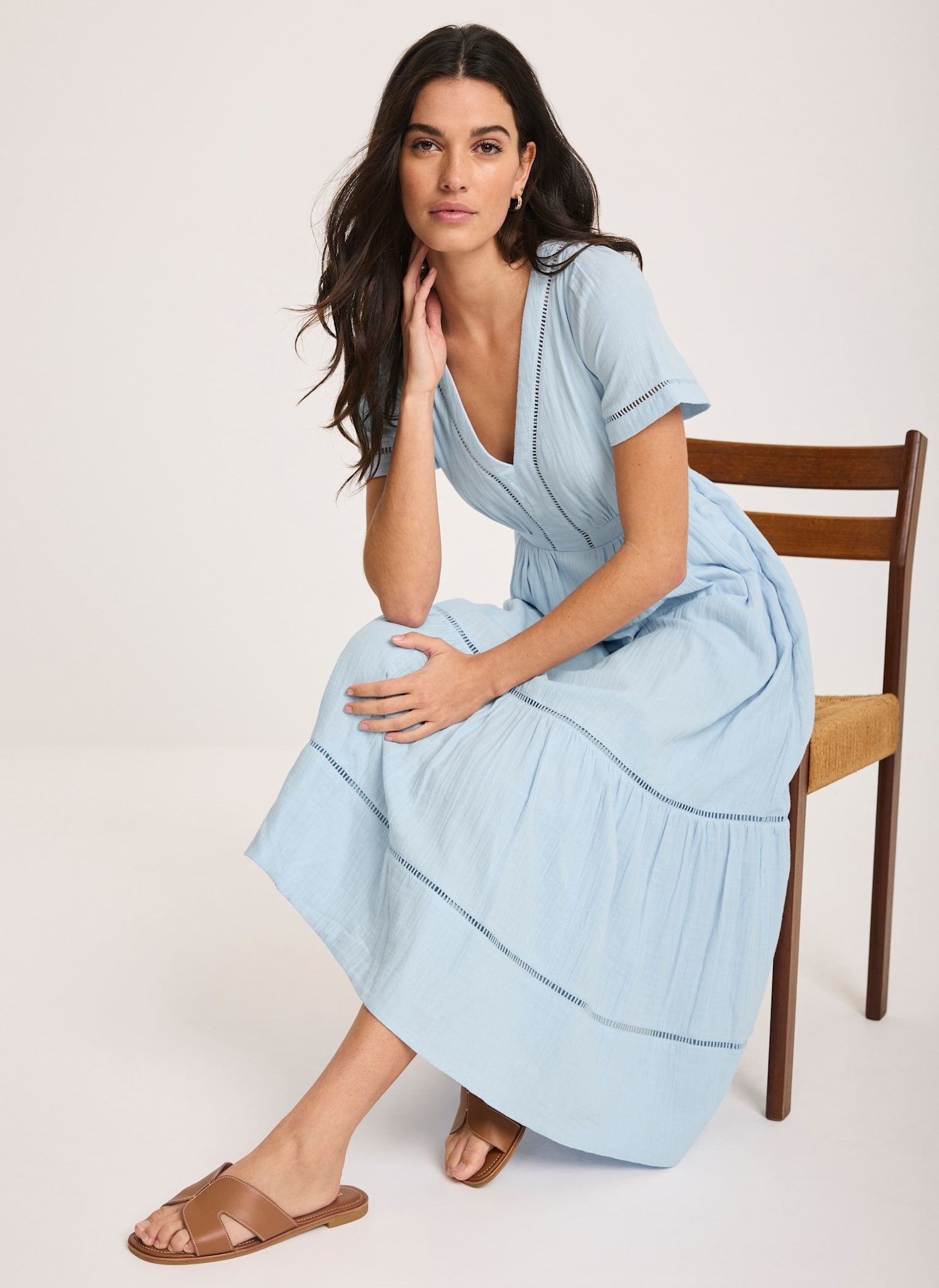 Blue Cotton Cheesecloth Midi Dress