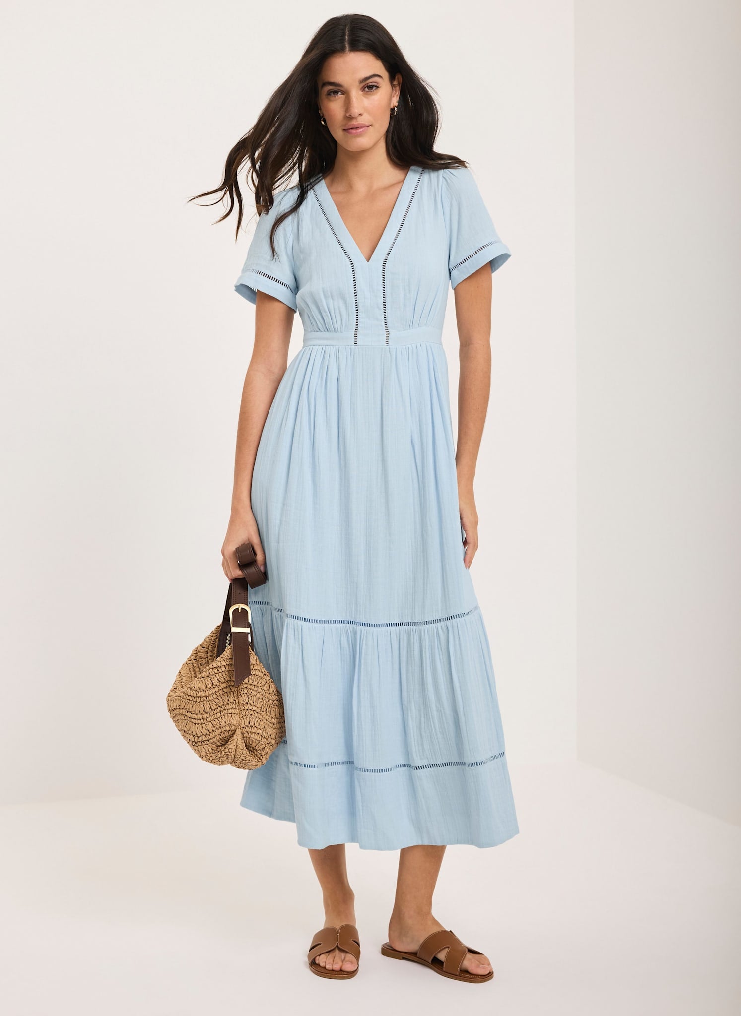 Blue Cotton Cheesecloth Midi Dress