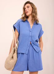 Blue Cotton Cheesecloth Shirt And Shorts Set