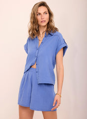 Blue Cotton Cheesecloth Shirt And Shorts Set