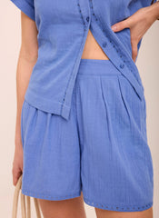 Blue Cotton Cheesecloth Shirt And Shorts Set