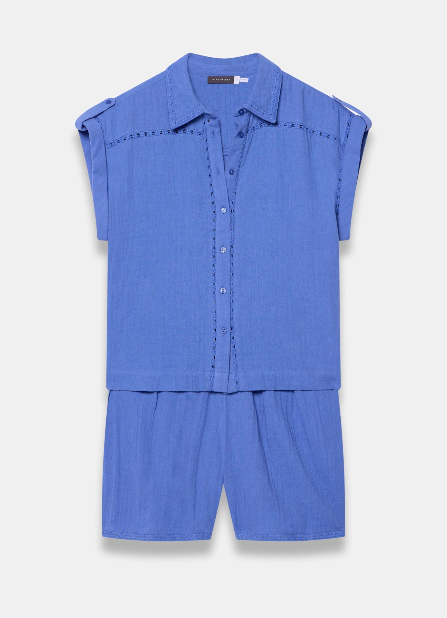 Blue Cotton Cheesecloth Shirt And Shorts Set