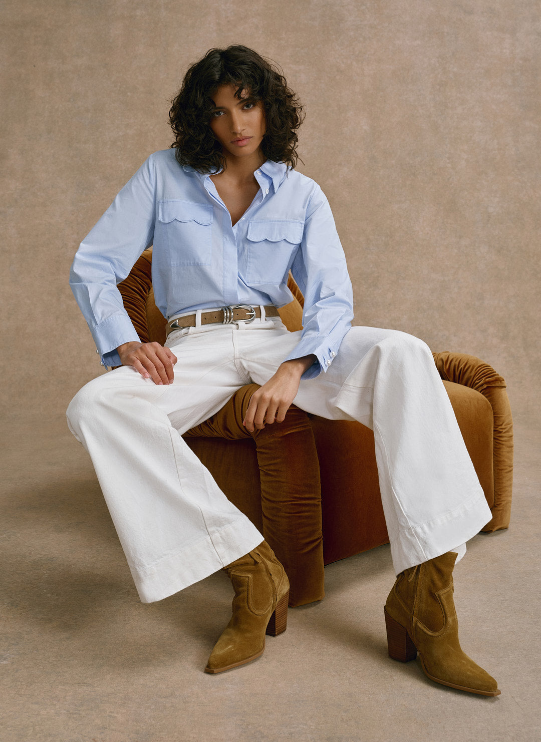 Blue Cotton Scallop Detail Shirt