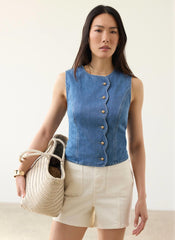 Indigo Denim Scallop Detail Waistcoat
