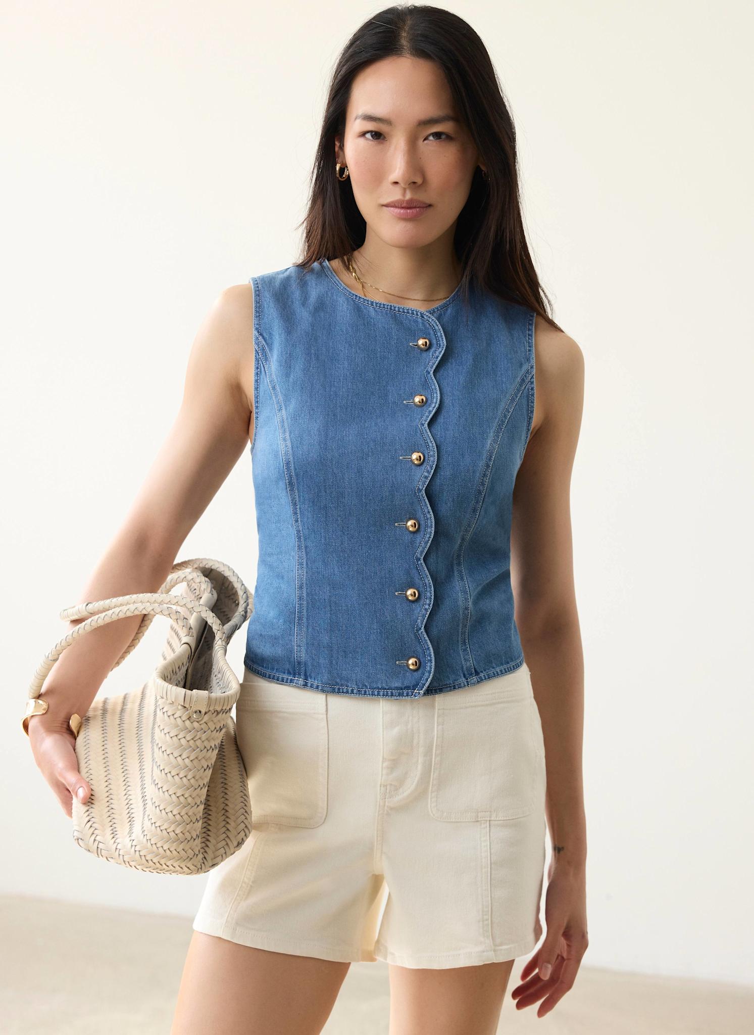 Indigo Denim Scallop Detail Waistcoat