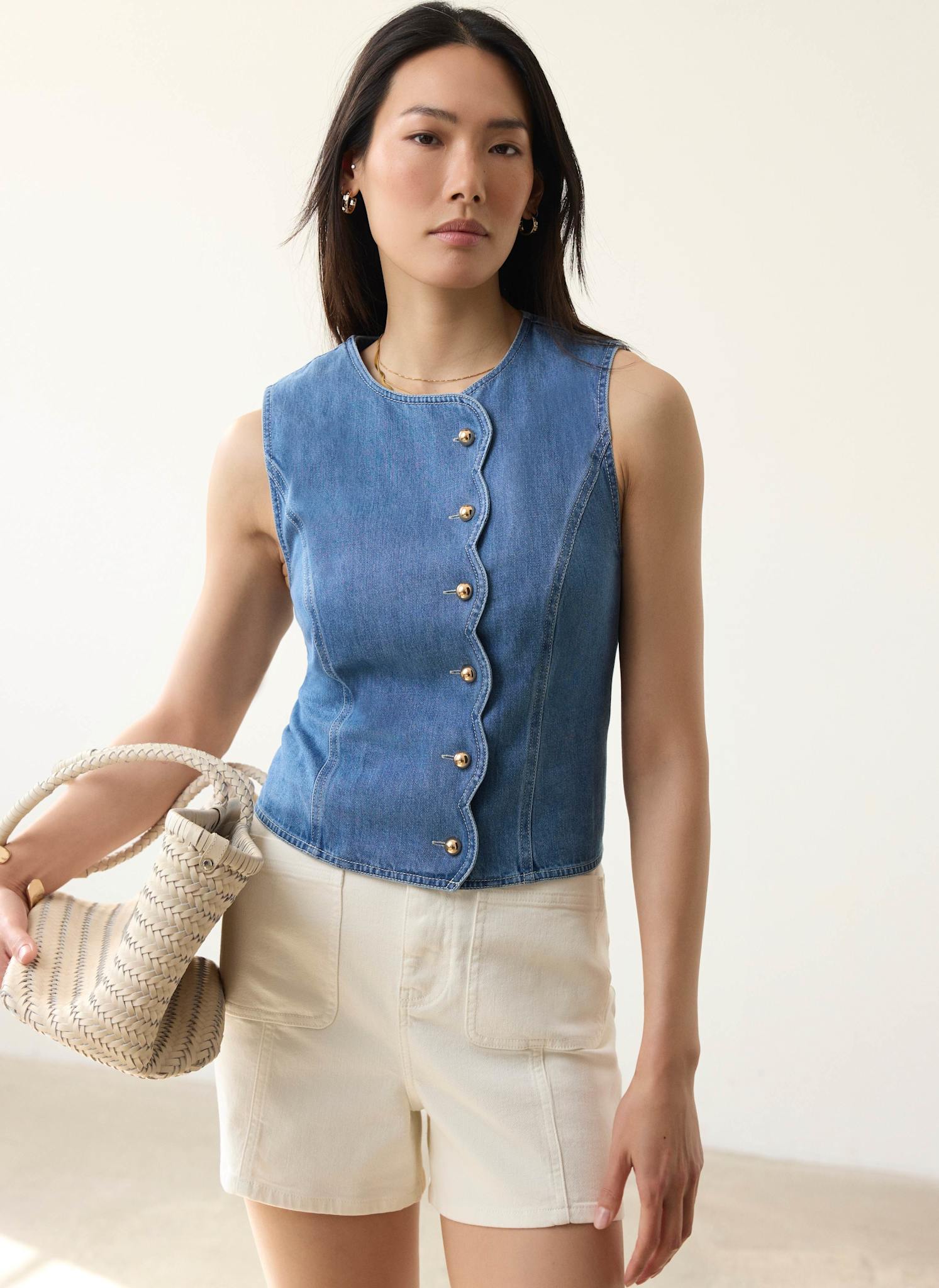 Indigo Denim Scallop Detail Waistcoat