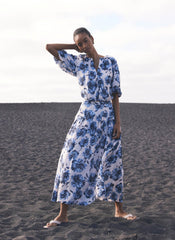 Blue Floral Print Midi Skirt