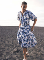 Blue Floral Print Midi Skirt