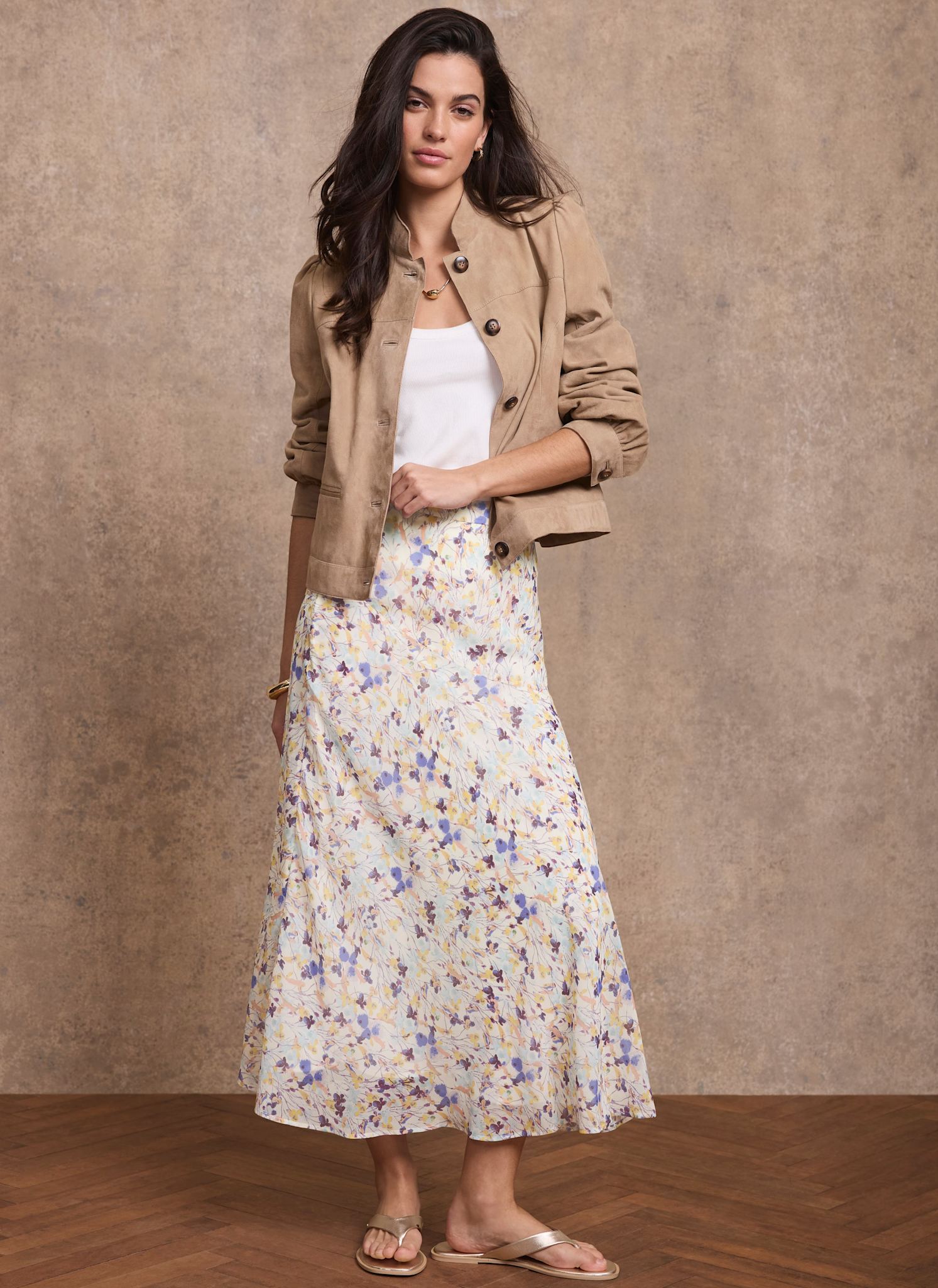 Pale Blue Floral Print Midi Skirt