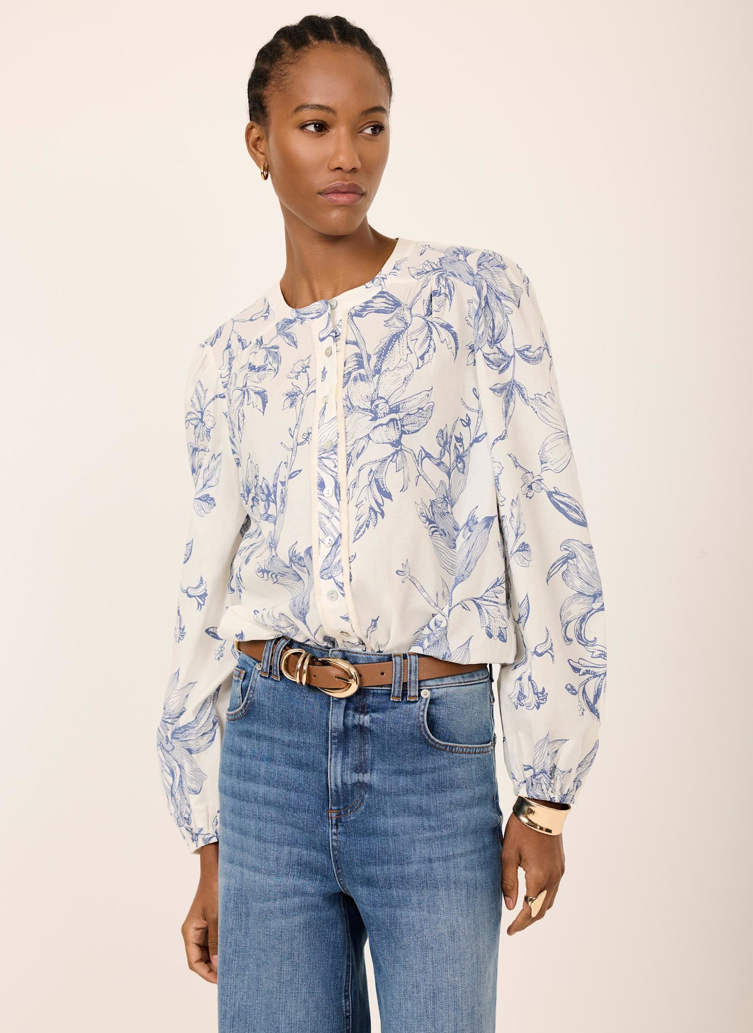 Blue Cotton Floral Print Blouse