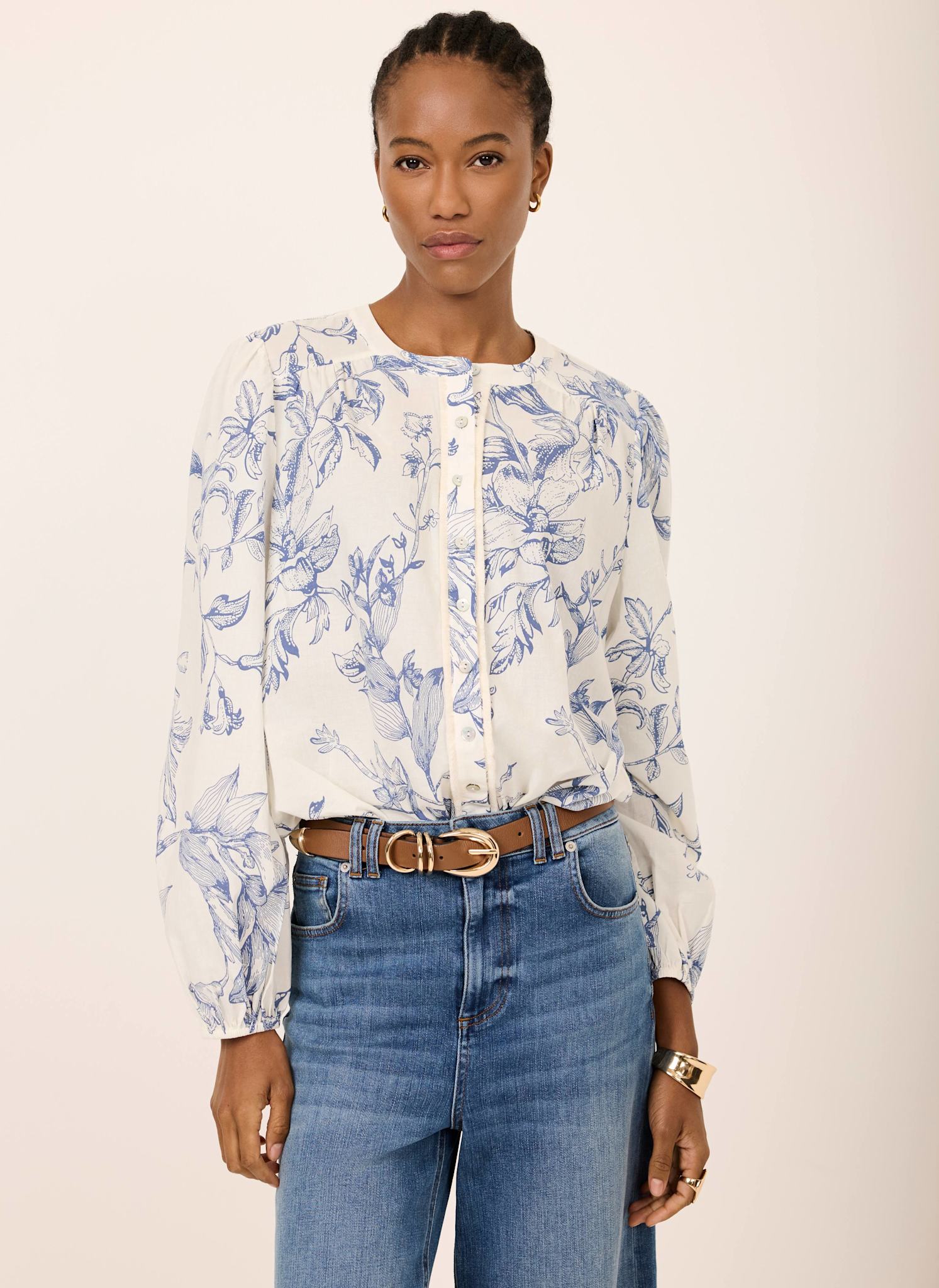 Blue Cotton Floral Print Blouse