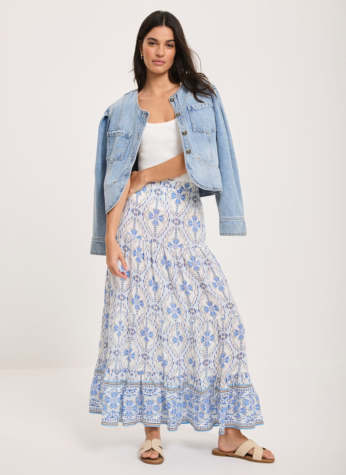 Blue Floral Print Maxi Skirt