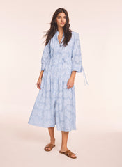 Blue Cotton Floral Shirt Midi Dress