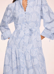 Blue Cotton Floral Shirt Midi Dress