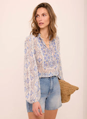 Blue Geo Print Ruffle Blouse