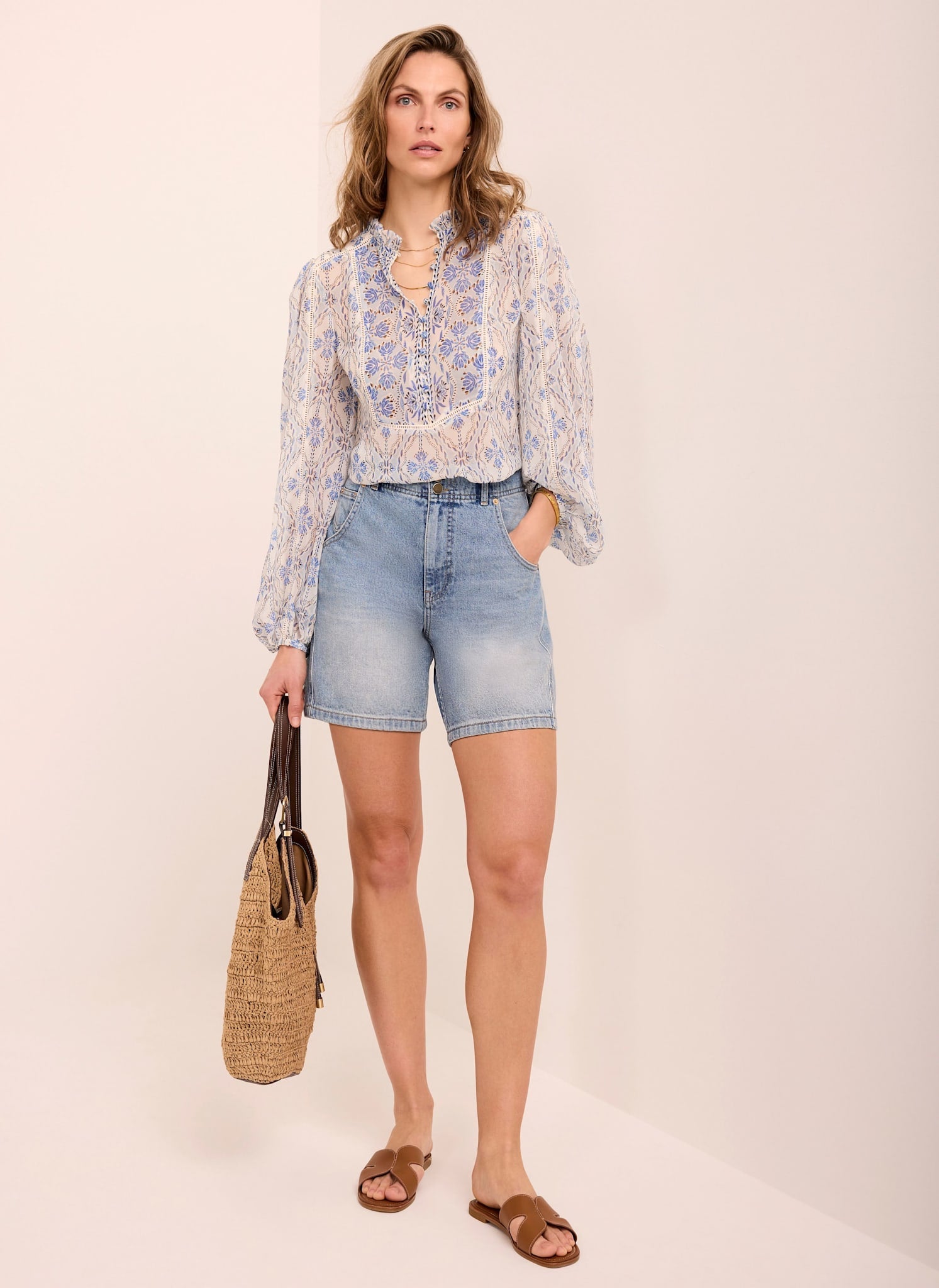 Blue Geo Print Ruffle Blouse