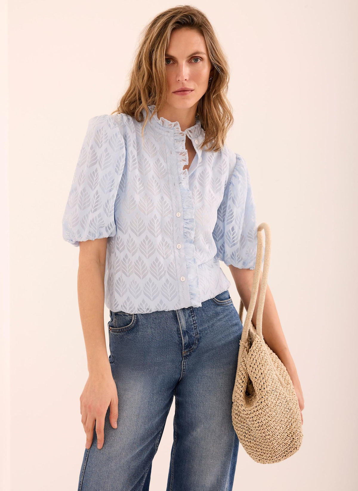 Blue Jacquard Ruffle Blouse