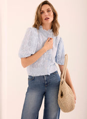 Blue Jacquard Ruffle Blouse