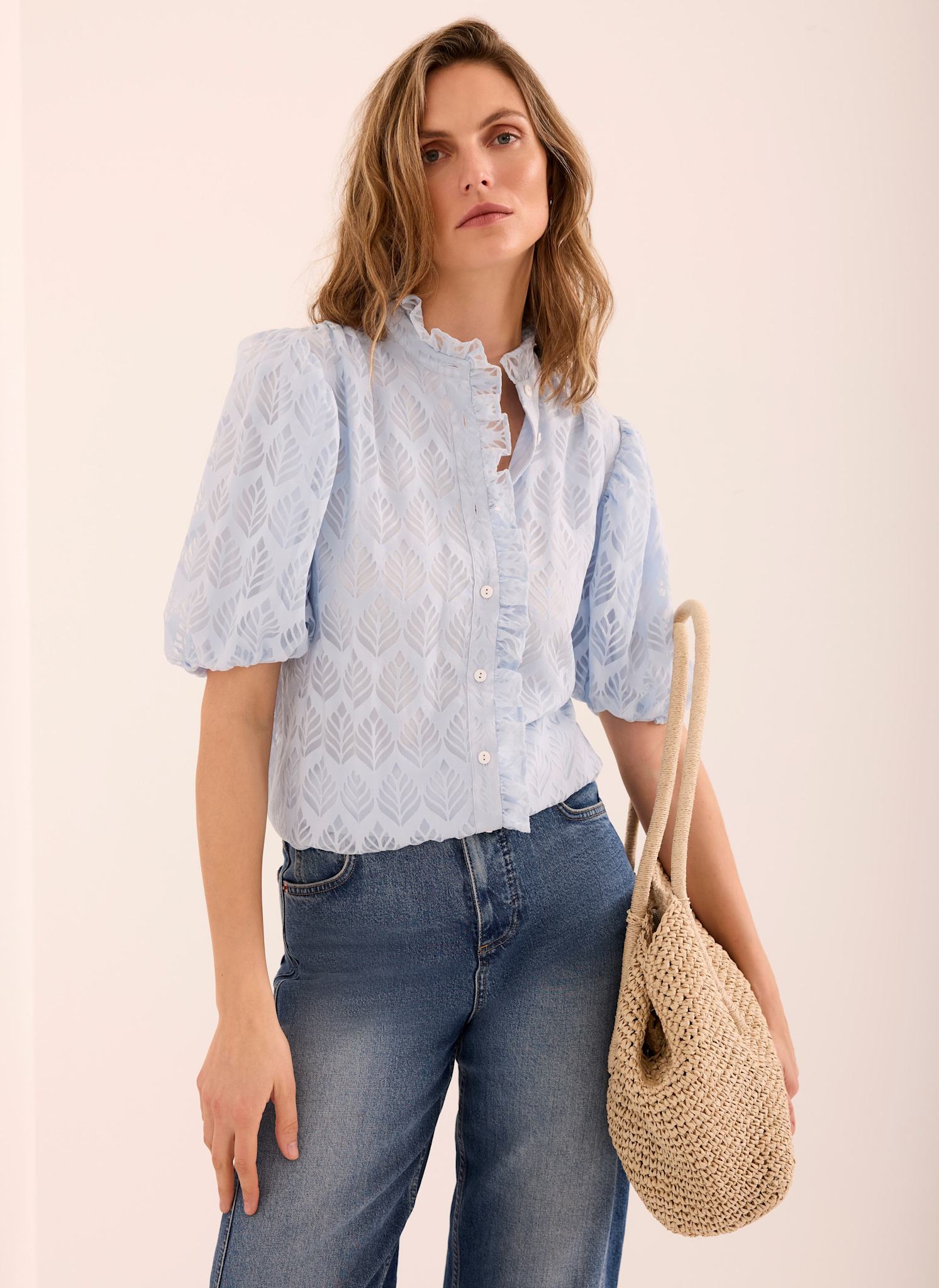 Blue Jacquard Ruffle Blouse