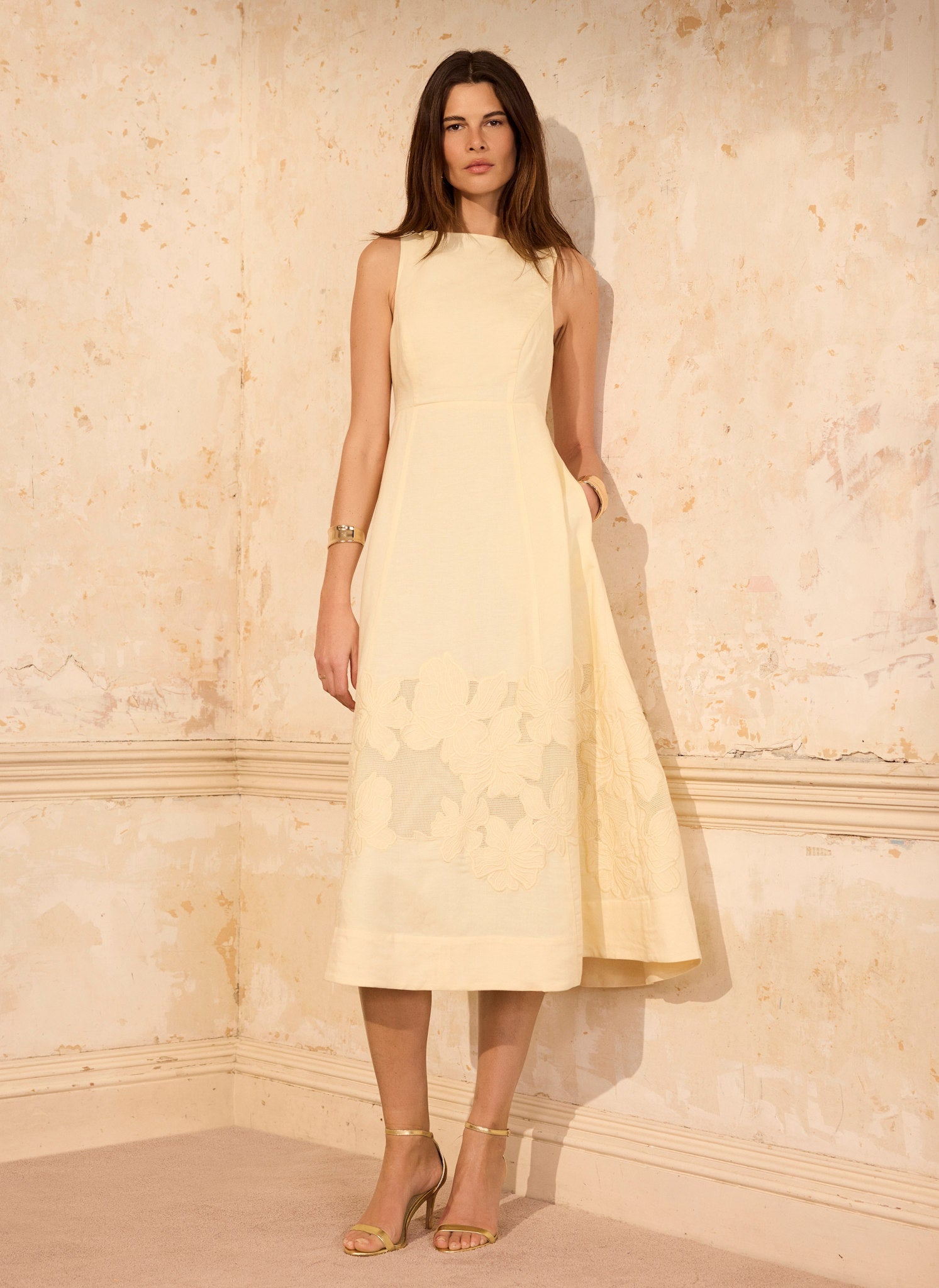 Yellow Linen Blend Lace Midi Dress